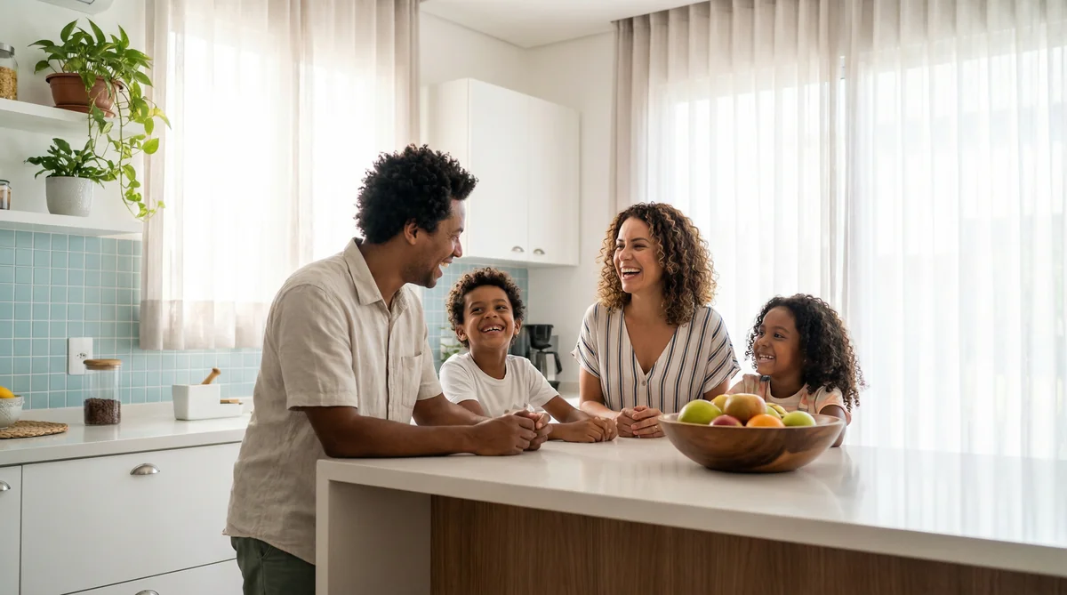 Família satisfeita com economia de água